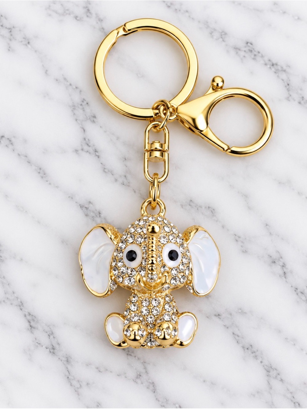 Bag charm/Keyring- White Rhinestone Baby Lucky Elephant-Gold Hardware